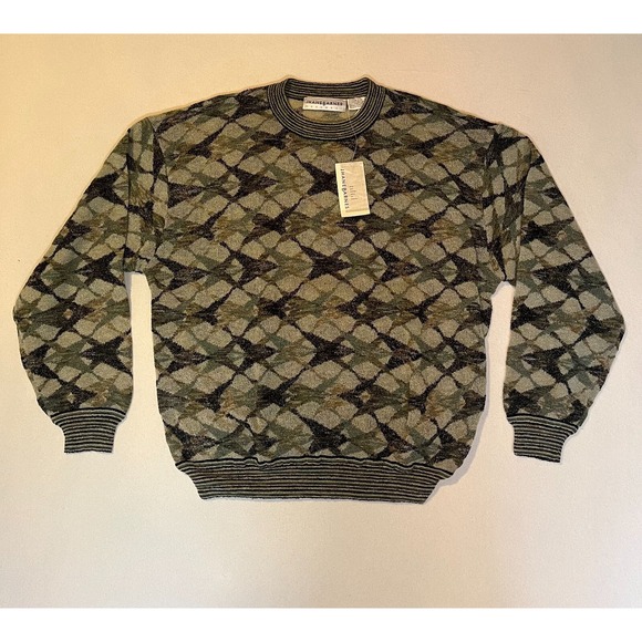 Vintage Jhane Barnes Wool Sweater Men's Large STARS Pattern Sage Deadstock $285